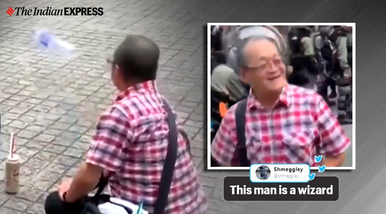 hong kong protest bottle flip viral video, bottle flip challenge, bottle flip old man Protesters Hong Kong Goes Viral