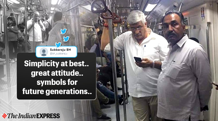 Gajendra Singh Shekhawat, mp travels by metro, BJP mp takes delhi metro, viral photos, indian express