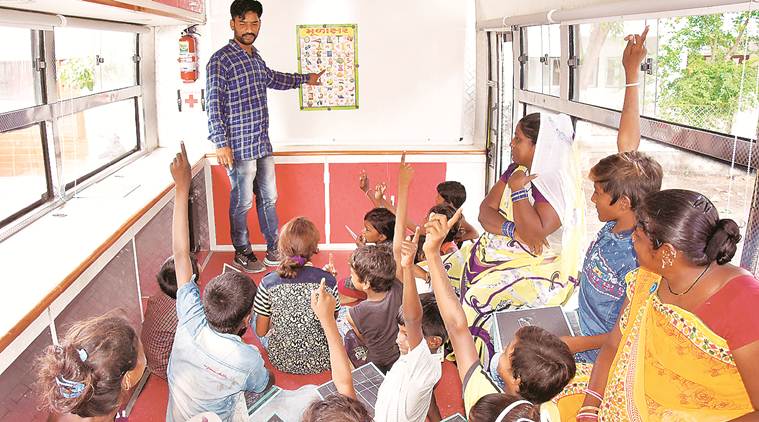 school on wheels, gujarat schools, gujarat school wows, wisdom on wheels, gujarat news, indian express