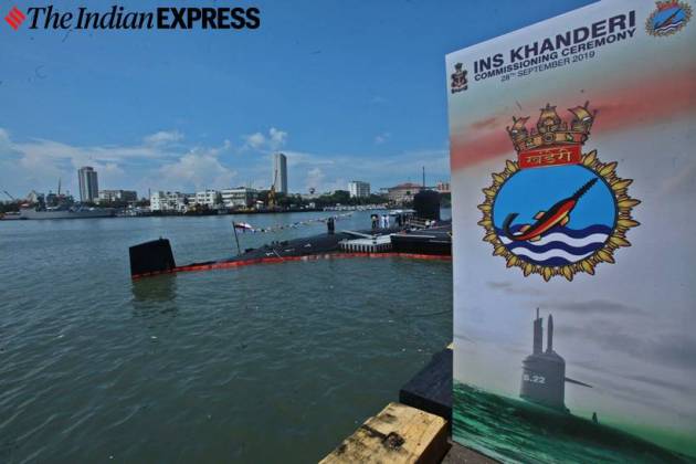 ins khanderi, kalvari submarine, submarine launch, ins khanderi commissioned, submarine photos, kalvari submarine, khanderi submarine launched, scorpene khanderi, indian navy, india news, indian express