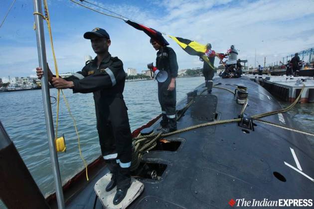 ins khanderi, kalvari submarine, submarine launch, ins khanderi commissioned, submarine photos, kalvari submarine, khanderi submarine launched, scorpene khanderi, indian navy, india news, indian express