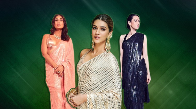 kareena kapoor, karisma kapoor, kriti sanon, natasha poonawala, manish malhotra, sari, manish malhotra sari, indian express, indian express news