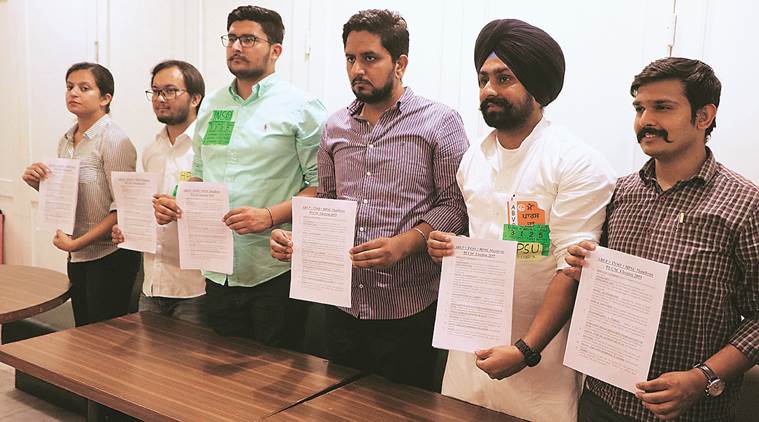 ABVP senior leaders release manifesto for the student council election at Panjab University Monday. Kamleshwar Singh
