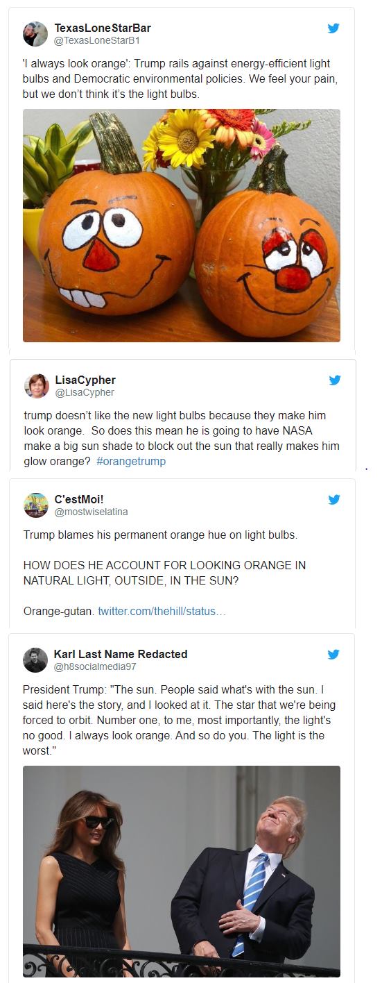 Watch Donald Trump blames energyefficient bulbs for his orange