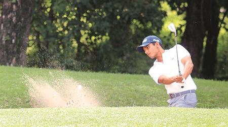 Ajeetesh Sandhu in action on the third day of the Jeev Milkha Singh Invitational Golf tournament at Chandigarh Golf Club on Saturday.   Kamleshwar Singh