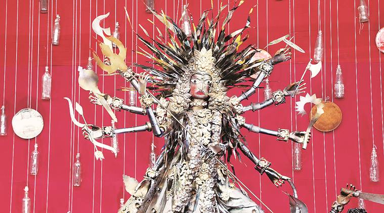 Delhi news, Delhi city news, Durga puja pandal delhi, delhi durga puja pandal scrap material, pandal made of scrap material delhi, delhi durga puja pandals, ip extension pandal, indian express news