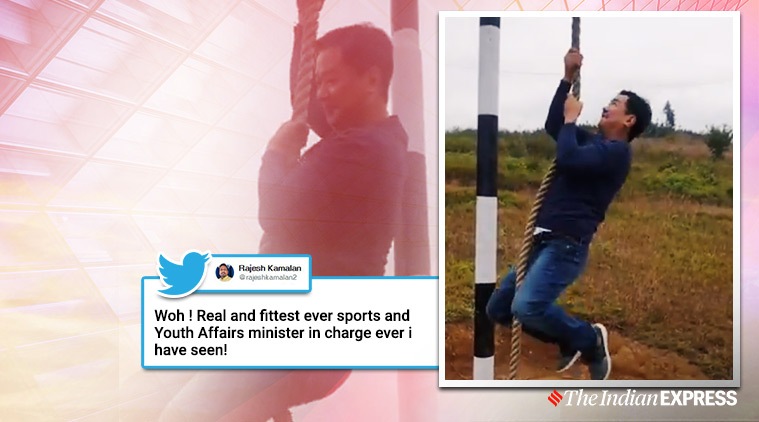 kiren rijiju, fit india, kiren rijiju rope climbing, viral video,Gandhi Sankalp Yatra,  indian express