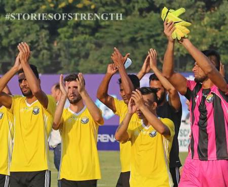 Players of Real Kashmir FC after winning the Hero I League match against Minerva Punjab FC at Tau Devi Lal Stadium in Panchkula on Wednesday, October 31 2018. Express photo by Kamleshwar Singh