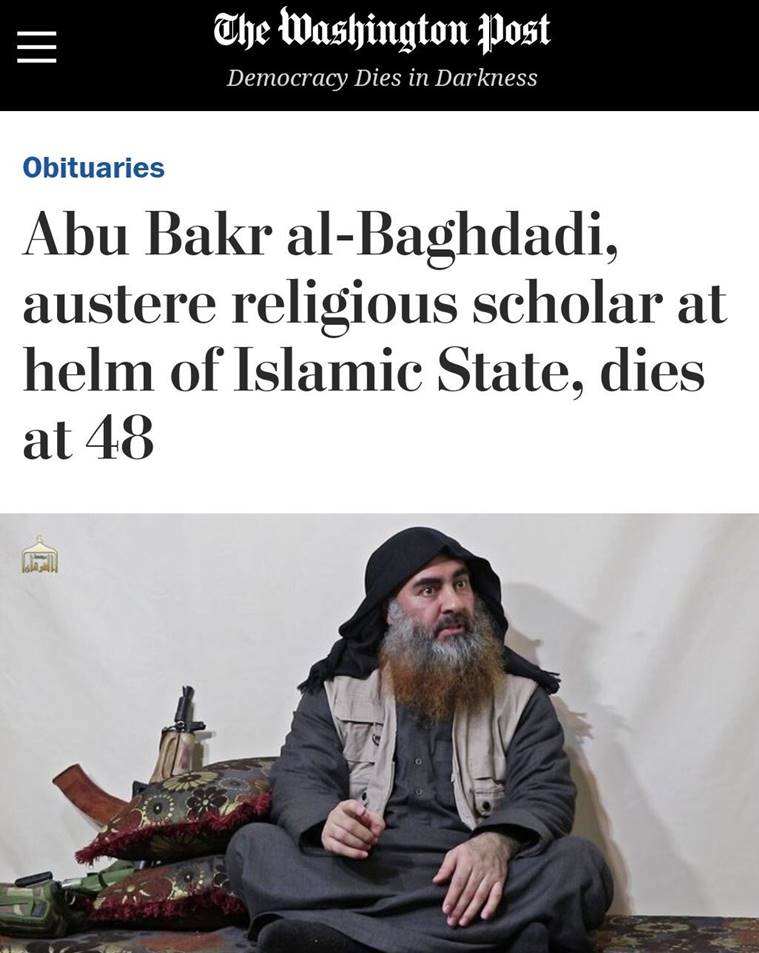 washington post baghdadi obituary, abu Bakr al-Baghdadi dead, isis chief bu Bakr al-Baghdadi dead, bu Bakr al-Baghdadi obituary, #wapodeaththreeats
