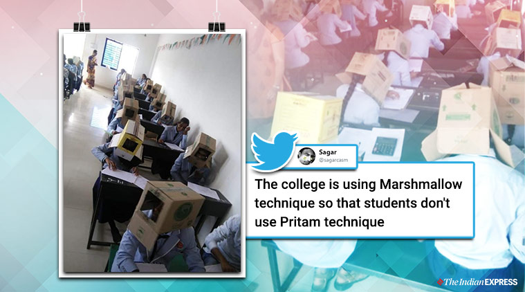 college cheating, cheating hacks, college make student wear cardboard boxes, funny news, indian express