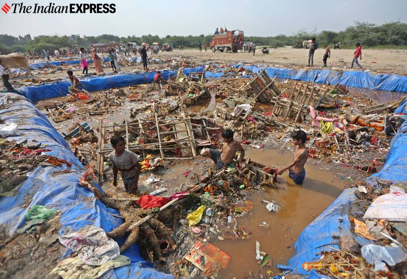 delhi idol immersion, delhi idol immersion artificial ponds, delhi artificial ponds, yamuna, delhi city news, delhi durga puja