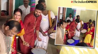 Trinamool Congress MP Nusrat Jahan and husband Nikhil Jain play the 'dhaak' viral video, trending, indian express, indian express news