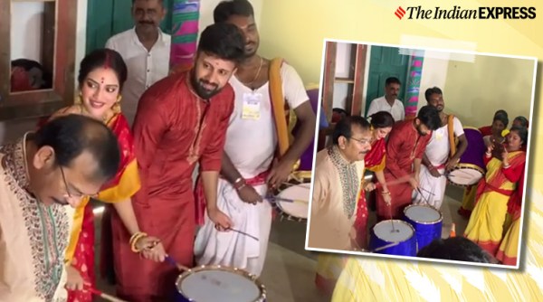 Trinamool Congress MP Nusrat Jahan and husband Nikhil Jain play the 'dhaak' viral video, trending, indian express, indian express news