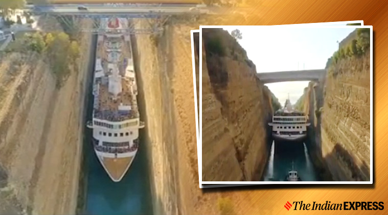 Cruise ship, Cruise ship cross narrow canal, Corinth Canal, Greece, viral video, trending, Indian Express news