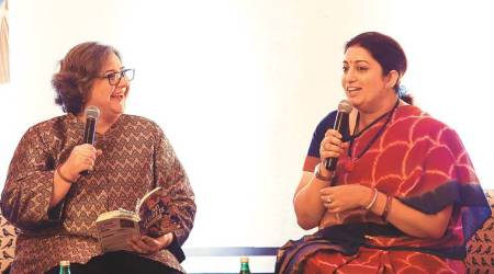 Author Kaveree Bamzai and Union Minister Smriti Irani; (below) book cover 