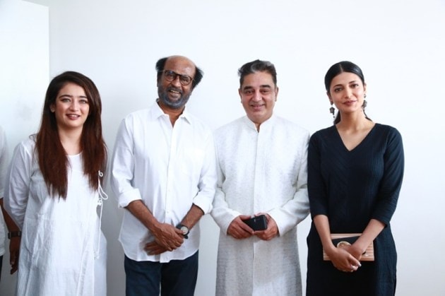 Shruti Haasan, Akshara Haasan, Kamal Haasan and Rajinikanth
