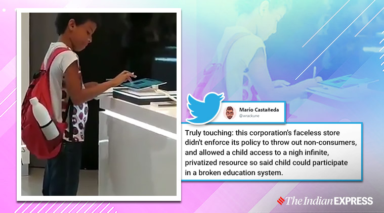 kid does homework in mall store, manager allows student to use tablet in mall, kid gets tablet viral video doing homework, brazil kid viral video using tablet mall, viral videos, trending, indian express