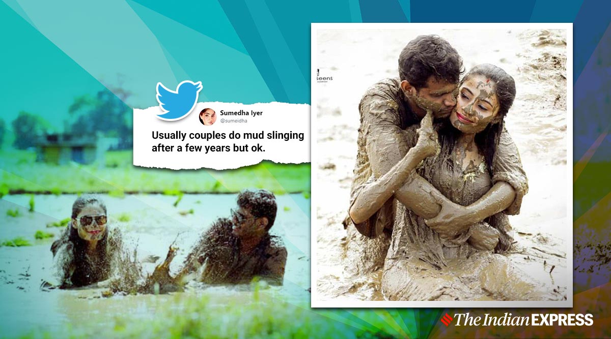 wedding photo shoot, Indian Couple's Wedding Photo shoot, desi photo shoot, mud photoshoot viral photo, trending, indian express, indian express news