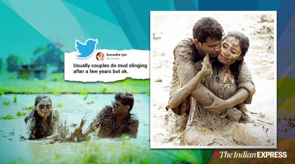 wedding photo shoot, Indian Couple's Wedding Photo shoot, desi photo shoot, mud photoshoot viral photo, trending, indian express news
