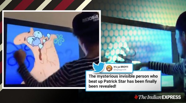 spongebob square pants, patrick star, patrick star invisible fight scene, man recreates patrick star fight, viral videos, funny videos, indian express