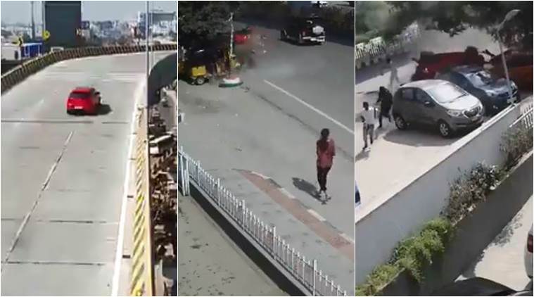 Shocking footage shows speeding car falling off flyover in Hyderabad