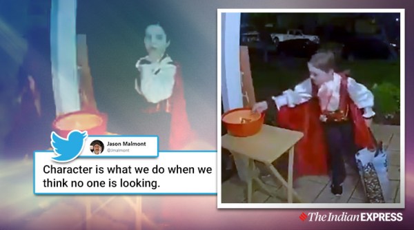halloween, best halloween video, hallween 2019, trick or treat halloween, boy fills empty candy bowl, halloween best video, good news, indian express, viral videos
