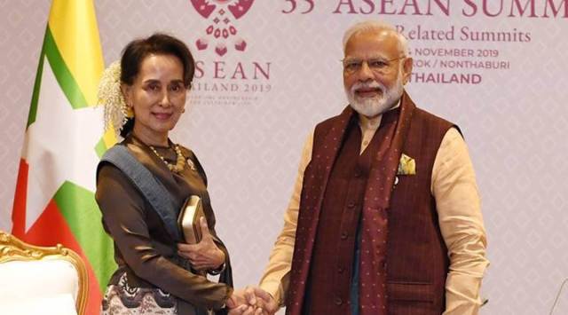 Prime Minister Narendra Modi with State Counsellor of Myanmar, Aung San Suu Kyi on Sunday. (Source: Twitter/@IndiainMyanmar)