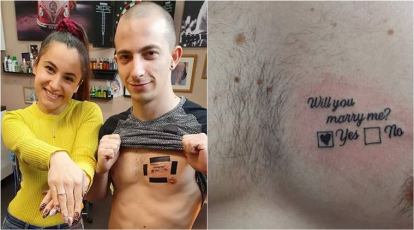 Man proposes woman with tattoo on chest featuring 'yes' and 'no' boxes