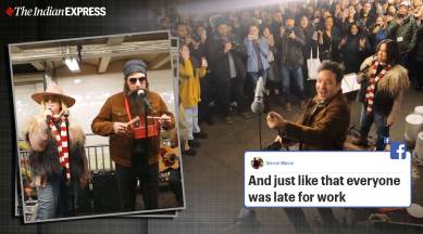Alanis Morissette Busks, Jimmy Fallon, Jimmy Fallon subway dance show, Jimmy Fallon Alanis Morissette viral video, NYC Subway, trending, indian express, indian express news