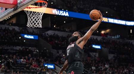 Houston Rockets guard James Harden goes up for a dunk in the second half against the San Antonio Spurs. (Daniel Dunn-USA TODAY Sports)
