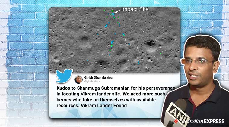 Vikram lander, vikram lander found, Chandrayaan 2, Shanmuga Subramanian, NASA, Vikram Lander found, NASA finds Vikram lander, Vikram lander debris, Chandrayaan 2 Moon landing , Indian Express