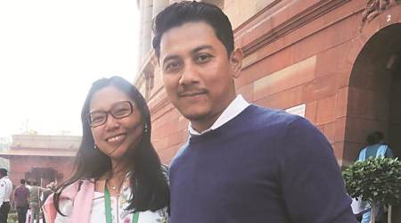 Agatha Sangma with her husband Patrick Rongma outside Parliament on Wednesday. (Express photo by Renuka Puri)