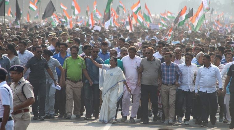 Image result for West Bengal Chief Minister Mamata Banerjee leads a mega rally in Kolkata against amended Citizenship Act