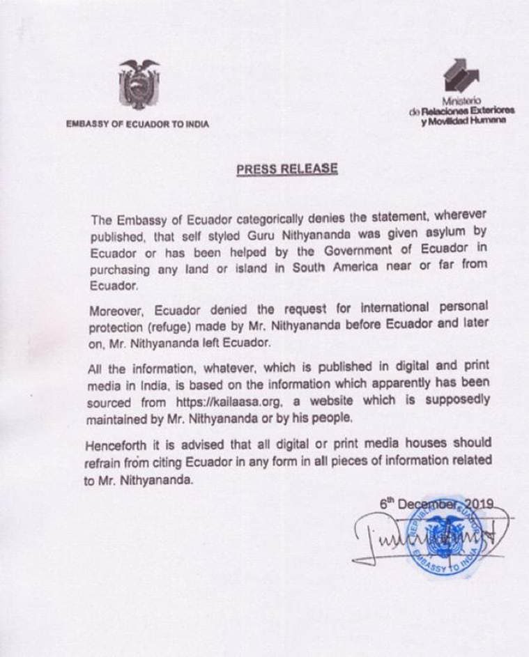 India cancels fugitive godman Nithyananda's passport, Ecuador denies giving him land
