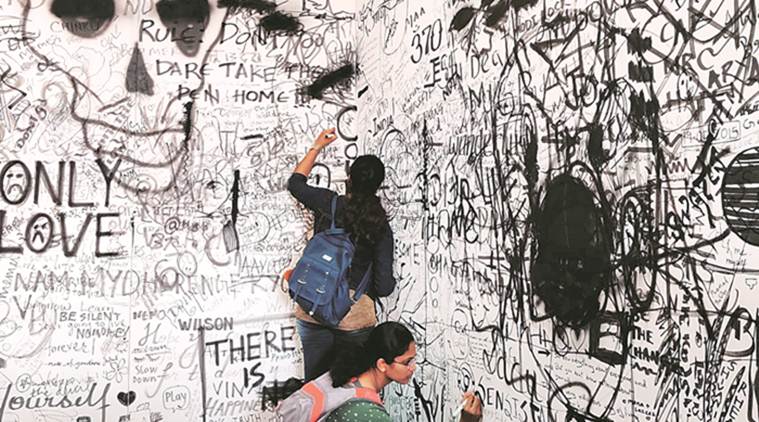 Serendipity Arts Festival Goa, Air-Ink at Serendipity Arts Festival, pollution free ink, ink made from carbon fuel emissions, CAA protest at Serendipity Arts Festival Goa, slogans against CAA at goa festival, CAA protest, CAA violence, goa film festival, goa news, lifestyle news, indian express news