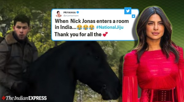 priyanka chopra, nick jonas, jumanji next level, national jiju, fans cheer nick jonas jumanji, nick jonas jiju entry video, funny videos, indian express, entertainment news