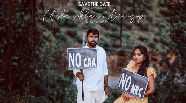 caa protest, caa nrc protest, kerala, kerala couple pre-wedding shoot caa protest, no caa pre-wedding couple shoot, kerala couple nrc protest photos, viral pre-wedding shoot, kerala news, indian express