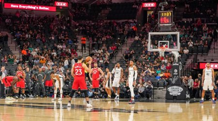 Jan 26, 2020; San Antonio, Texas, USA;  Fans cheer in honor of Kobe Bryant as the San Antonio Spurs and Toronto Raptors let the play clock expire on each their respective first possessions at the AT&T Center. Mandatory Credit: Daniel Dunn-USA TODAY Sports