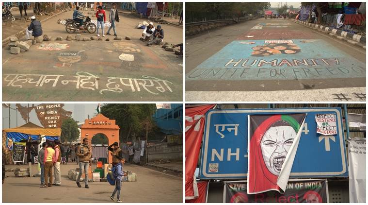 Shaheen Bagh, Shaheen Bagh protest delhi, delhi Shaheen Bagh graffiti, graffiti protest art Shaheen bagh, stree art shaheen bagh, CAA protest Shaheen Bagh, Jamia University art, Wall art delhi protest, JNU violence, Bhagat Singh Jamia, indian express news