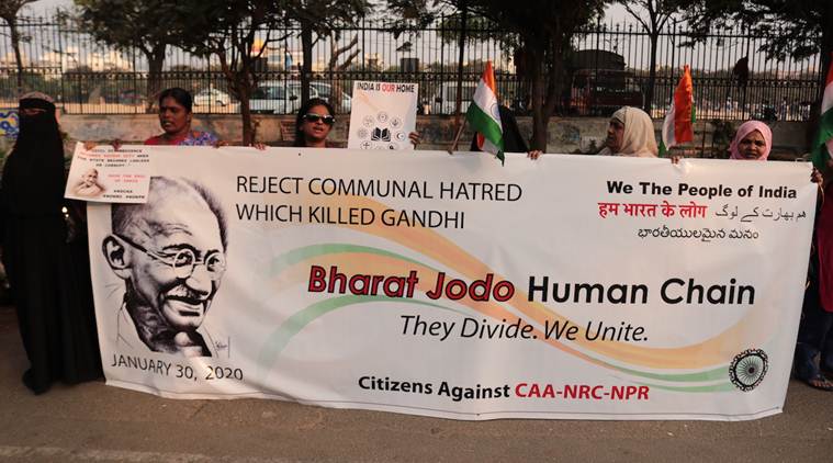hyderabad human chain, gandhi death anniversary, jamia shooting, jamia firing, hyderabad, hyderabad news, latest news