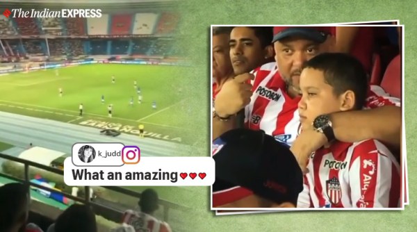 Colombian junior FC, junior fc dad relays match blind son, dad explain football match blind son, viral father son video, indian express, sports news, viral videos