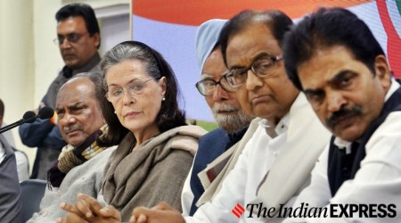 Congress president Sonia Gandhi and other party leaders during a press confrence in new delhi on wednesday.Express photo by Anil Sharma.26.02.2020