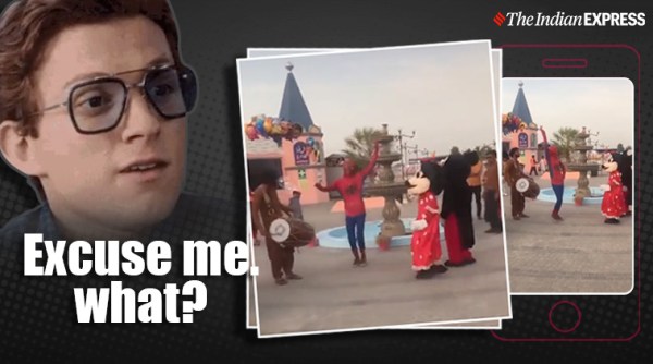 spider man doing bhangra, spiderman dancing to dhol, Pleasure Land Family Fun Park, pakistan funny videos, indian express, viral videos