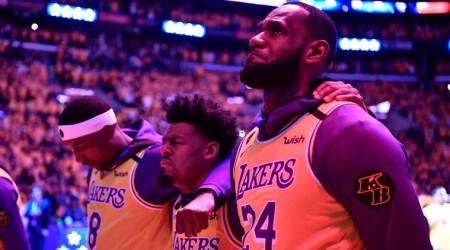 LA Lakers forward LeBron James reacts during the national anthem after a pre game tribute to Kobe Bryant before playing the Portland Trail Blazers at Staples Center. (Source: USA TODAY Sports) 