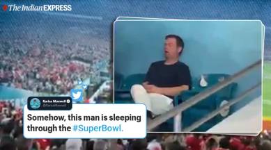 superbowl, man sleeping during superbowl viral video, man sleeping, twitter reactions, trending, indian express, indian express news