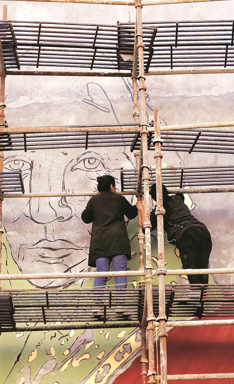 mural painting at Shaheen Bagh, protests against CAA-NRC, artist Shilo Shiv Suleman, Constitution of India, Mahatma Gandhi, indian express news