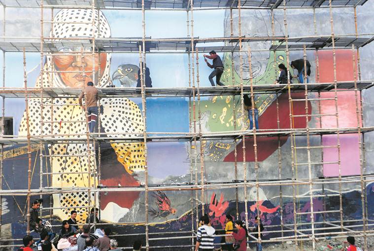 mural painting at Shaheen Bagh, protests against CAA-NRC, artist Shilo Shiv Suleman, Constitution of India, Mahatma Gandhi, indian express news