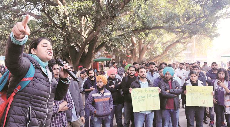 ABVP, ABVP students hold protest, protest at PU, SFS students hold protests at PU, PU ABVP president Parwinder Katora, punjab university, chandigarh city news, indian express