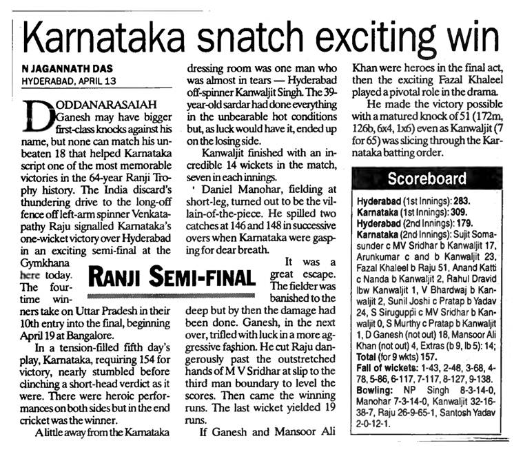 cricket ranji trophy, Hyderabad vs Karnataka, Hyderabad vs Karnataka ranji trophy, 1998 ranji semiFinal, Ranji semifinal Hyderabad vs Karnataka, Rahul Dravid, Cricket news, sports news, indian express