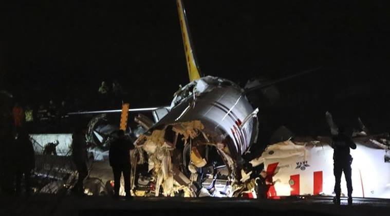 Turkey plane crashes, Sabiha Gokcen Airport, airline Pegasus, turkey airplane crash, istanbul, Turkey plane breaks after skidding, indian express
